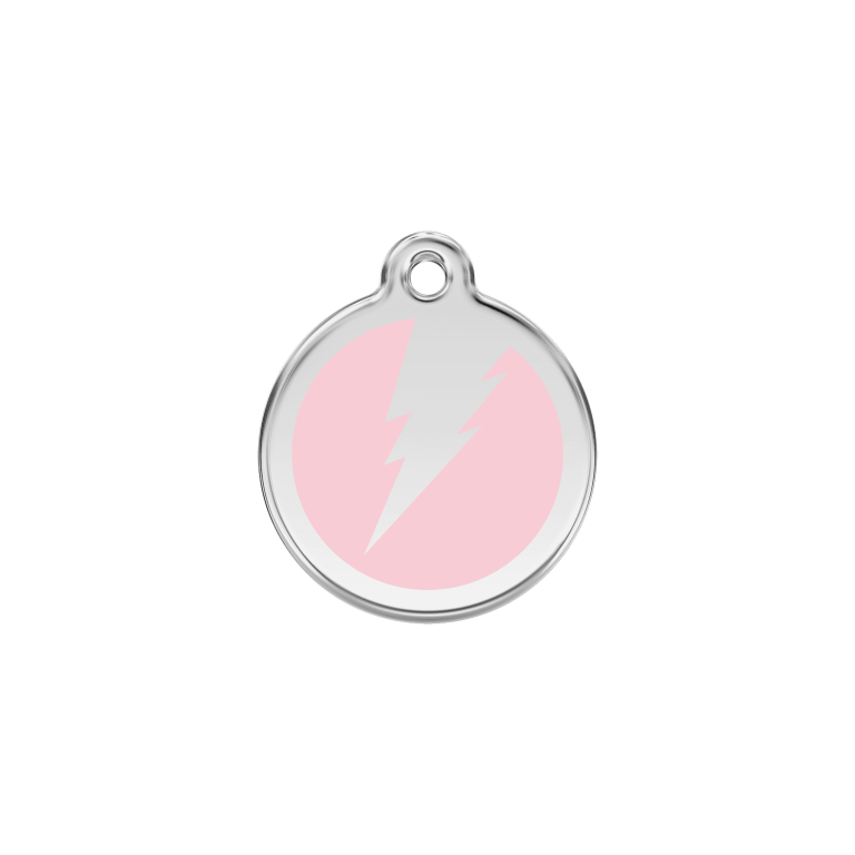 Vue avant - Médaille personnalisée pour chat en émail et acier inoxydable - Red Dingo - Motif éclair rose - Talla S - 01-ZF-PK-SM