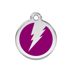 Placa para perro mediana en esmalte violeta y acero inoxidable con diseño rayo