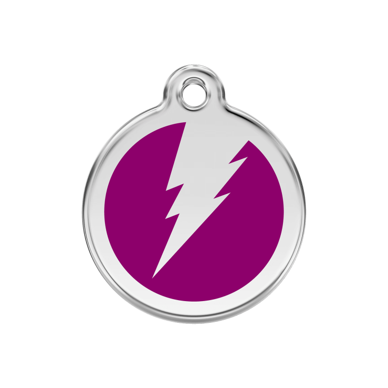 Vue avant - Médaille personnalisée pour chien/chat Red Dingo Émail et acier inoxydable - Motif éclair Violet - Talla M