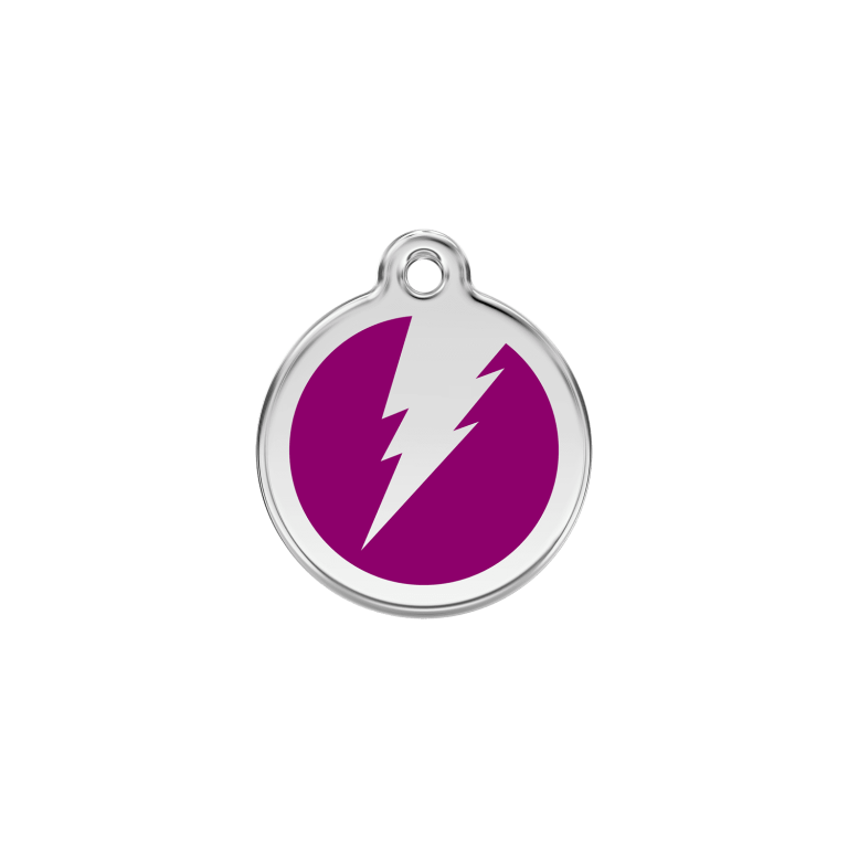 Vue avant - Médaille personnalisée pour chien/chat Red Dingo Émail et acier inoxydable - Motif éclair violet - Talla S - Référence : 01-ZF-PU-SM