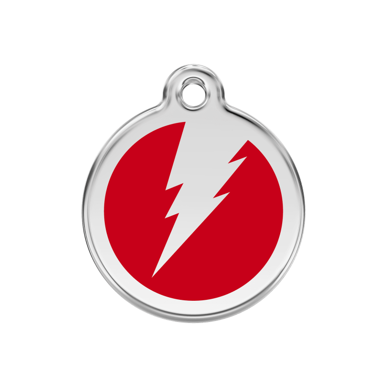 Vue avant - Médaille personnalisée pour chien Red Dingo Émail et acier inoxydable - Motif éclair - Rouge - Talla M