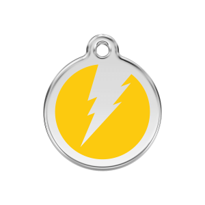 Placa para perro mediana en esmalte amarillo y acero inoxidable con diseño rayo
