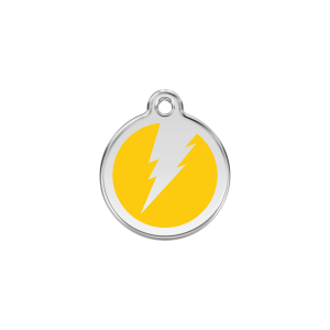 Placa para gato pequeña diseño Rayo en esmalte amarillo y acero inoxidable