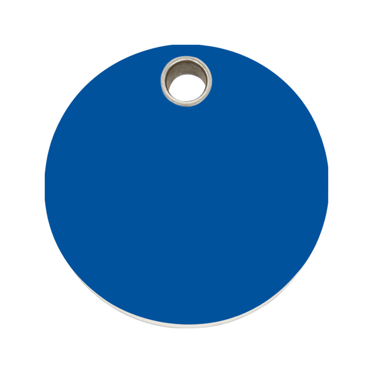 Vue avant - Médaille personnalisable pour chien - Red Dingo - Plastique plat - Cercle bleu foncé - Talla L
