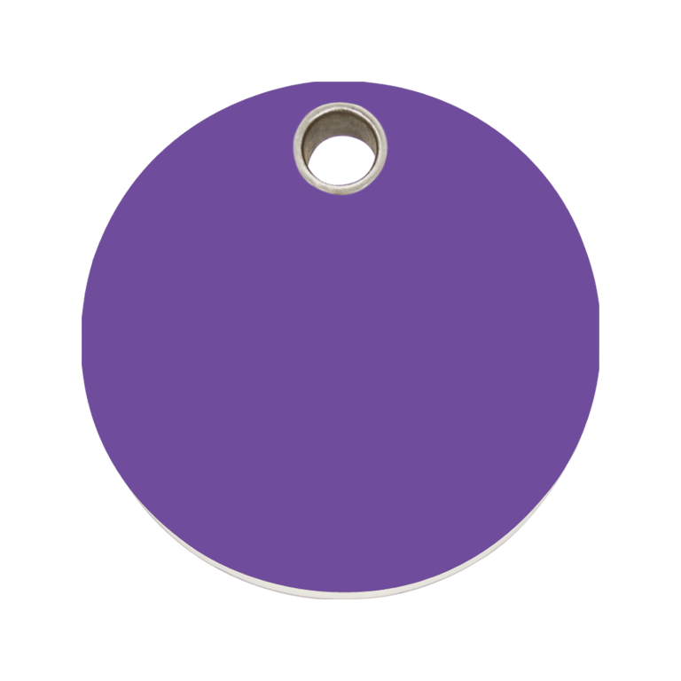 Vue avant - Médaille personnalisée pour chien ou chat - Red Dingo - Colección Plastique Plat - Cercle Violet - Talla L
