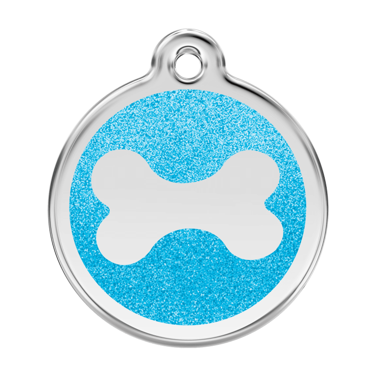 Vue avant - Médaille personnalisable pour chien Red Dingo Émail pailleté et acier inoxydable - Os scintillant - Aqua - Talla L