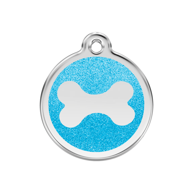 Vue avant - Médaille personnalisable Red Dingo Émail pailleté aqua - Os scintillant - Talla M