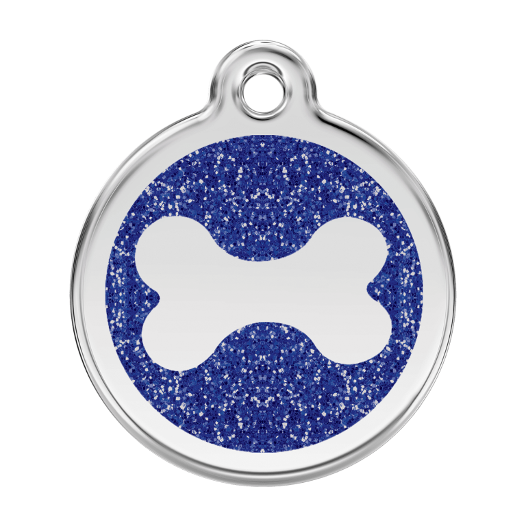 Vue avant - Médaille personnalisée pour chien Red Dingo Émail pailleté Os scintillant Bleu foncé - Talla L