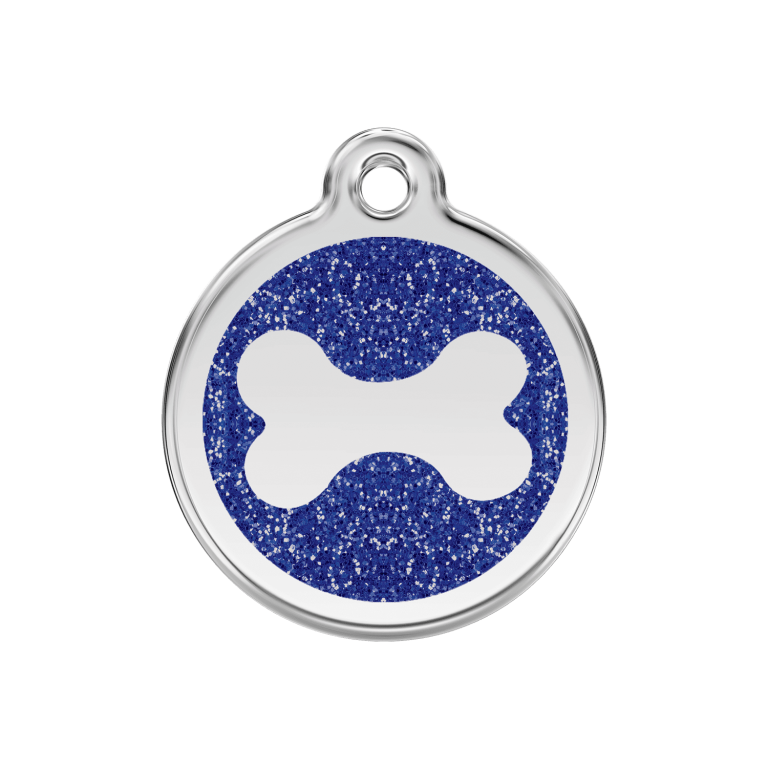 Vue avant - Médaille personnalisable pour chien ou chat - Red Dingo - Émail pailleté - Os scintillant - Bleu foncé - Talla M