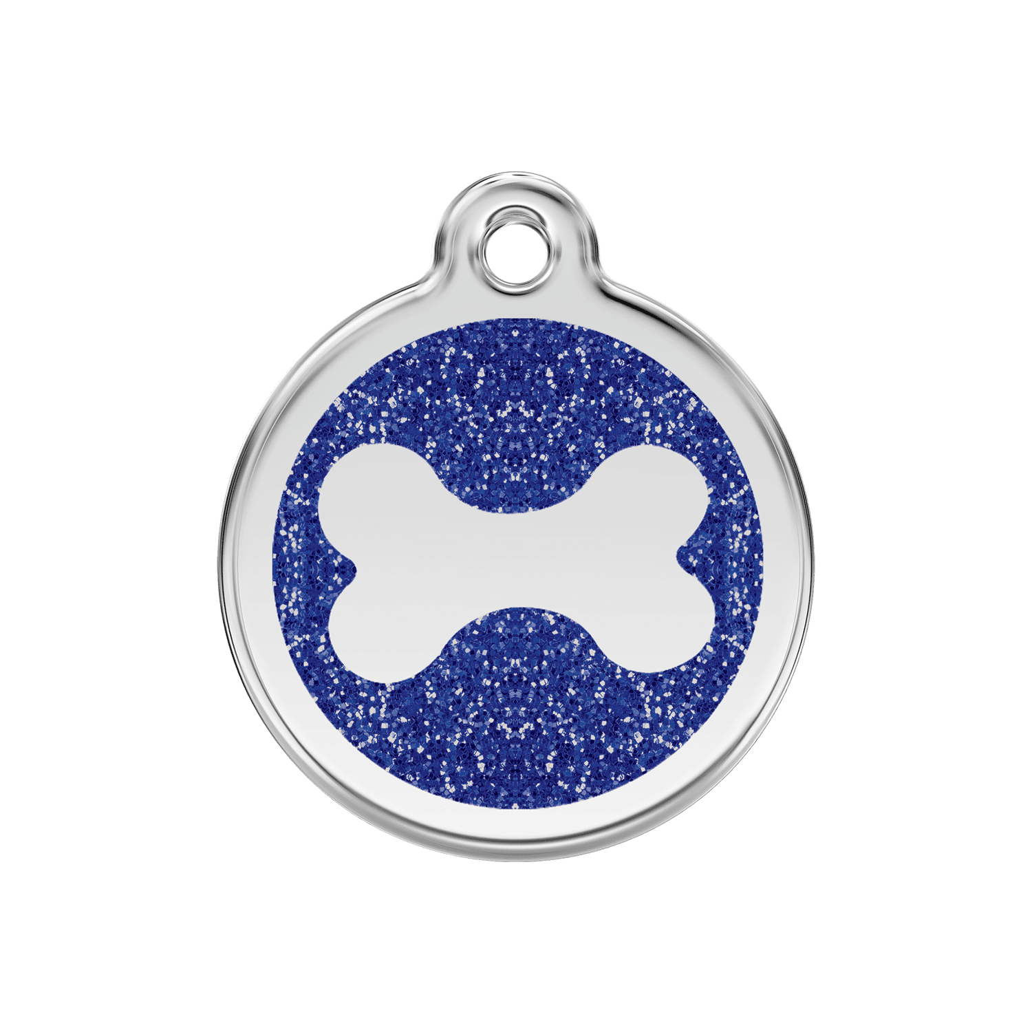 Vue avant - Médaille personnalisable pour chien ou chat - Red Dingo - Émail pailleté - Os scintillant - Bleu foncé - Talla M