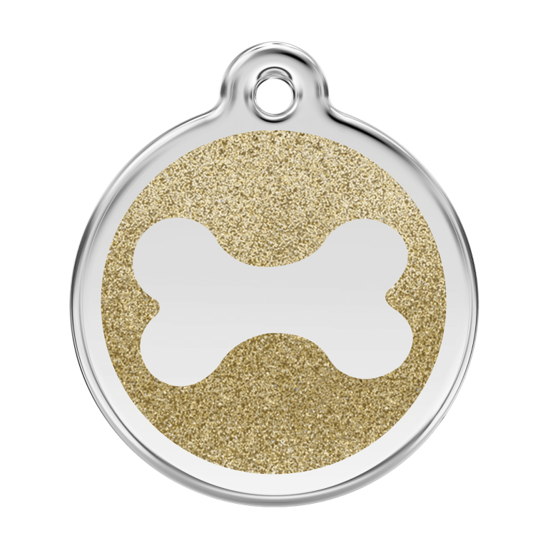 Vue avant - Médaille personnalisable pour chien Red Dingo Émail pailleté Or - Os scintillant - Talla L