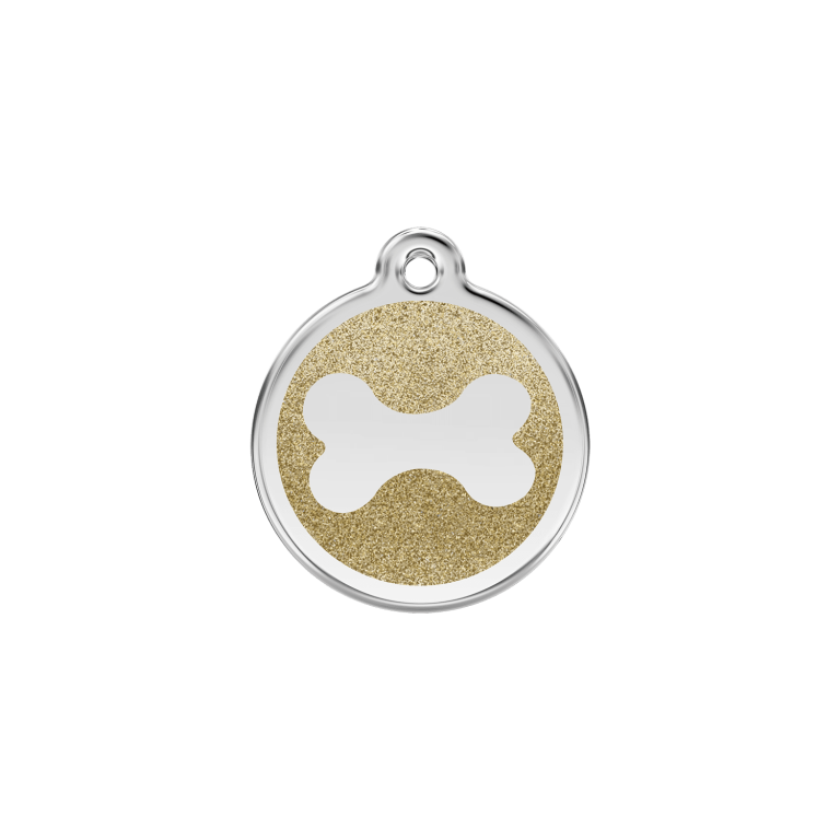 Vue avant - Médaille personnalisée pour chien/chat Red Dingo Émail pailleté Or - Os scintillant - Talla S