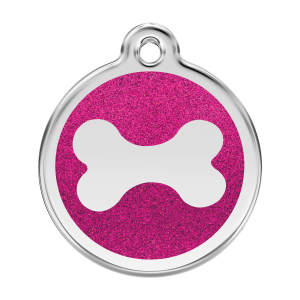 Placa para perro grande con esmalte rosa vivo y diseño de hueso brillante
