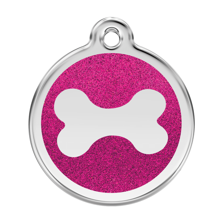 Vue avant - Médaille personnalisée pour chien Red Dingo - Émail pailleté rose vif - Os scintillant - Talla L