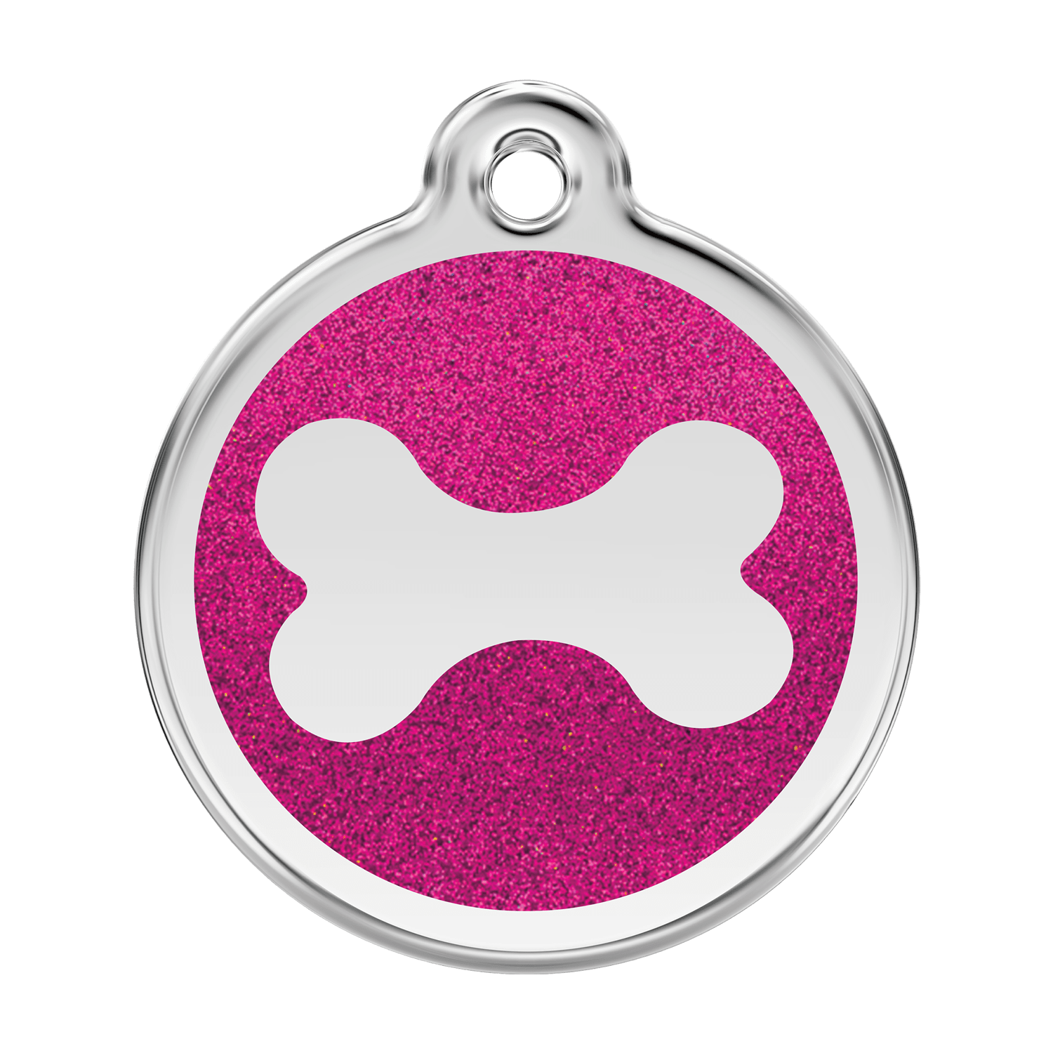 Vue avant - Médaille personnalisée pour chien Red Dingo - Émail pailleté rose vif - Os scintillant - Talla L
