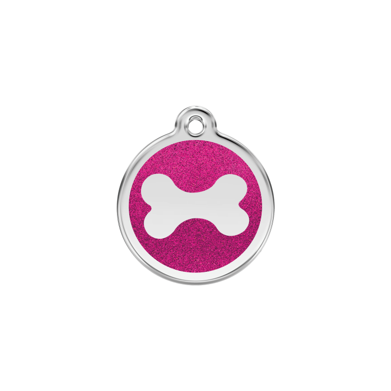 Vue avant - "Médaille personnalisée pour chat ou chien - Red Dingo Émail pailleté rose vif - Os scintillant - Talla S"