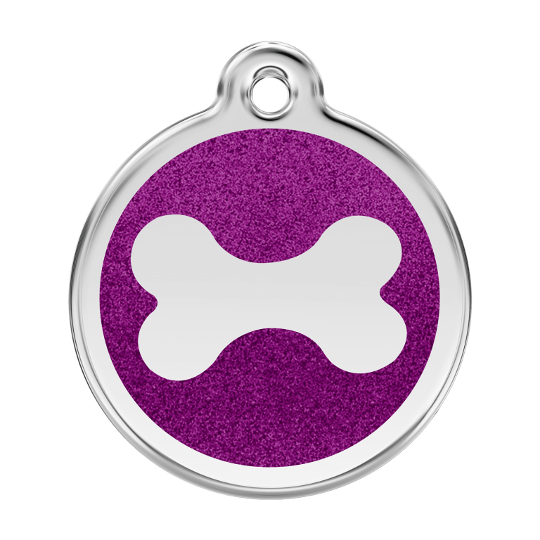 Vue avant - Médaille personnalisée pour chien - Red Dingo Émail pailleté violet - Os scintillant - Talla L