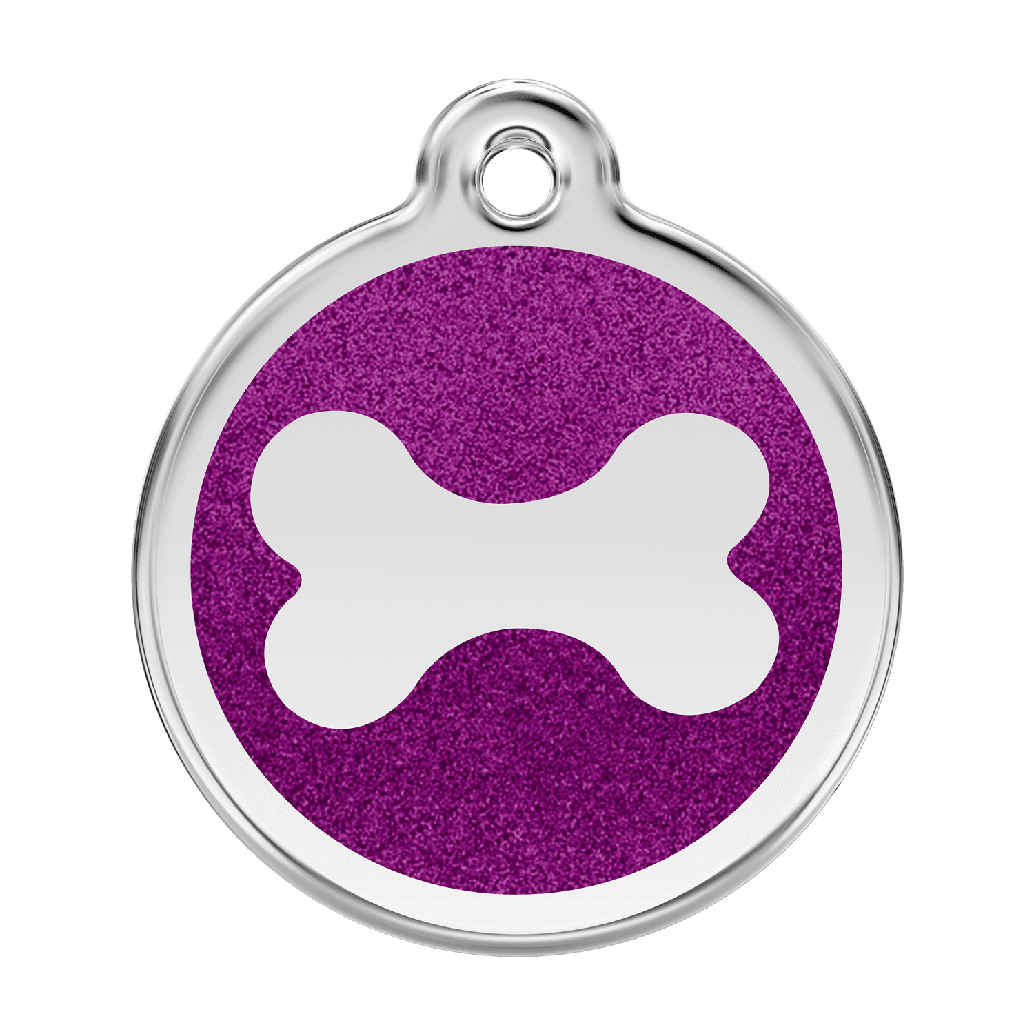 Vue avant - Médaille personnalisée pour chien - Red Dingo Émail pailleté violet - Os scintillant - Talla L