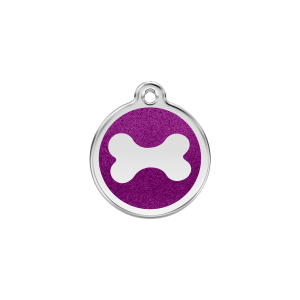 Placa para gato pequeña con esmalte brillante violeta y hueso decorativo