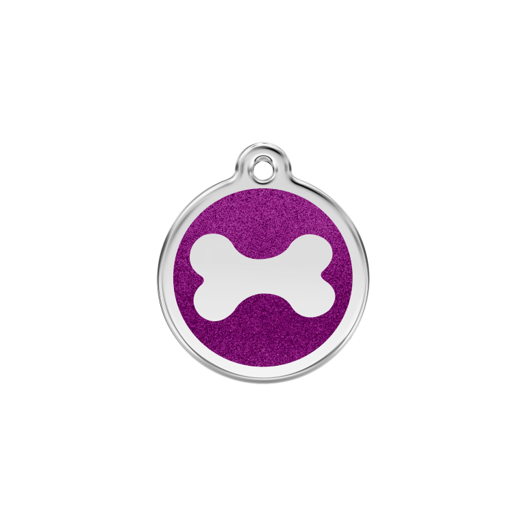 Vue avant - Médaille personnalisée pour chien/chat Red Dingo Émail pailleté violet - Os scintillant - Talla S