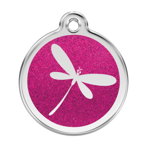 Placa para perro grande con libélula brillante en esmalte rosa vivo