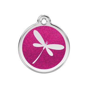 Placa para perro mediana con libélula brillante en esmalte rosa vivo
