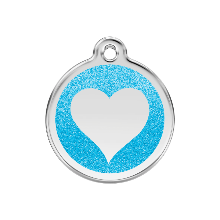 Vue avant - Médaille personnalisée Red Dingo cœur scintillant aqua 30mm pour chien/chat - Réf : 0X-HT-AQ-ME