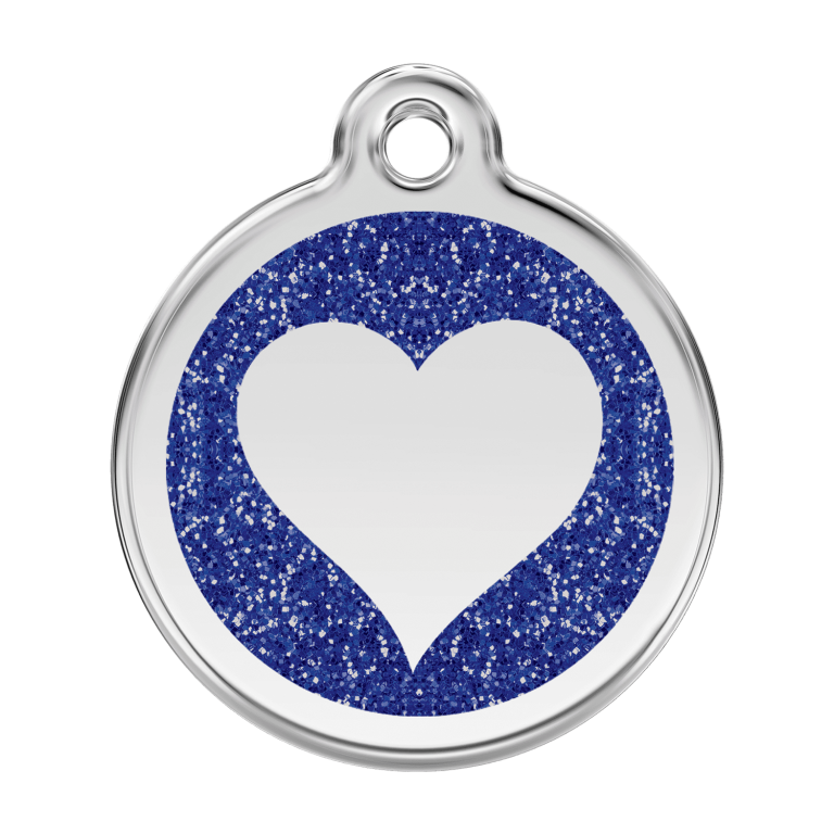 Vue avant - Médaille personnalisée pour chien en émail pailleté et acier inoxydable - Coeur scintillant bleu foncé - Red Dingo
