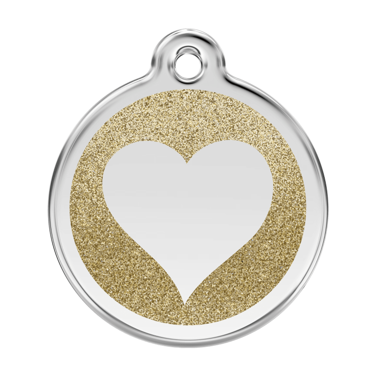 Vue avant - Médaille personnalisée pour chien et chat - Red Dingo Émail pailleté Or - Coeur scintillant