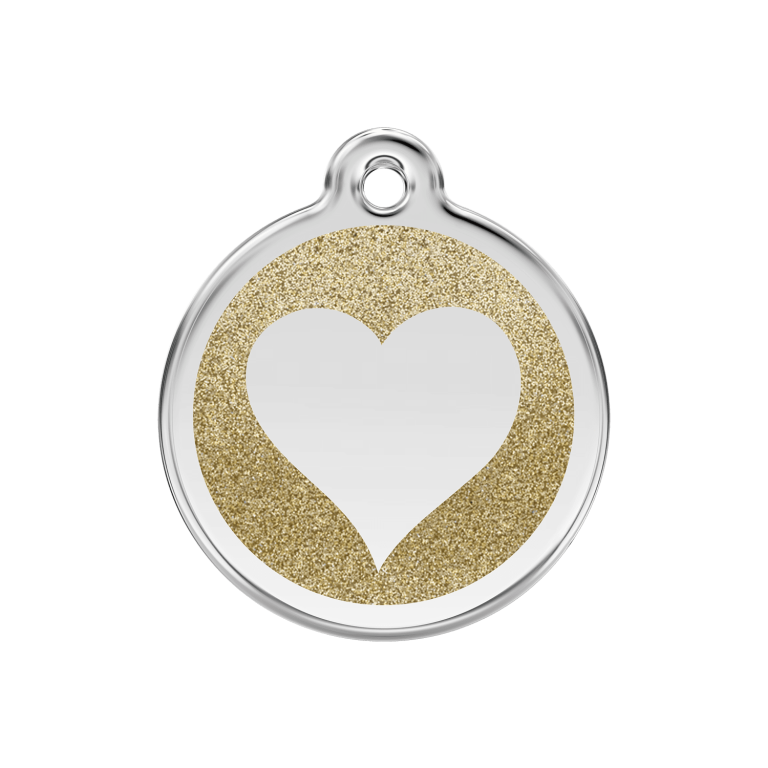 Vue avant - Médaille personnalisée pour chien/chat Red Dingo Émail pailleté Or 30mm - Coeur scintillant - Talla M