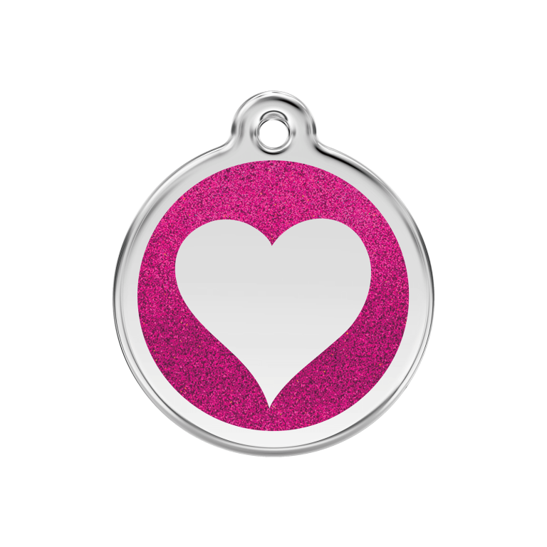Vue avant - Médaille personnalisée pour chien/chat Red Dingo Émail pailleté coeur rose vif 30mm