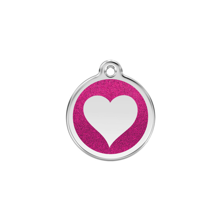Vue avant - Médaille personnalisée pour chien/chat Red Dingo Émail pailleté rose vif - Talla S - Coeur scintillant