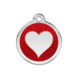 Placa para perro mediana con corazón rojo brillante en esmalte con purpurina
