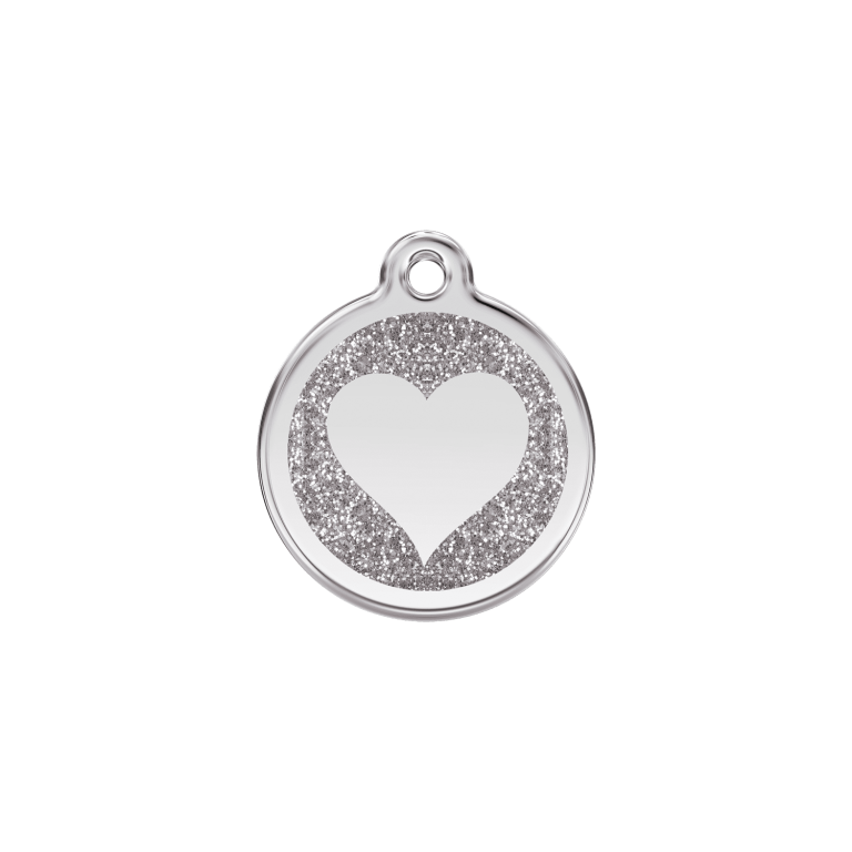 Vue avant - Médaille personnalisée pour chat ou chien Red Dingo Émail pailleté argent 20.00mm - Coeur scintillant
