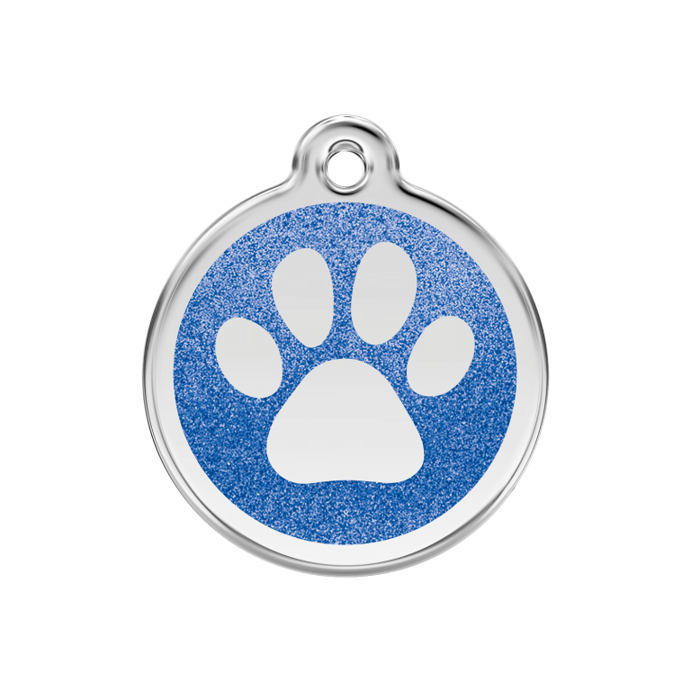 Vue avant - Médaille personnalisée pour chien/chat Red Dingo Émail pailleté bleu foncé 30mm - Empreinte de patte scintillante