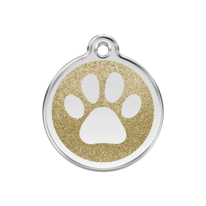 Placa para perro mediana dorada con huella brillante en esmalte
