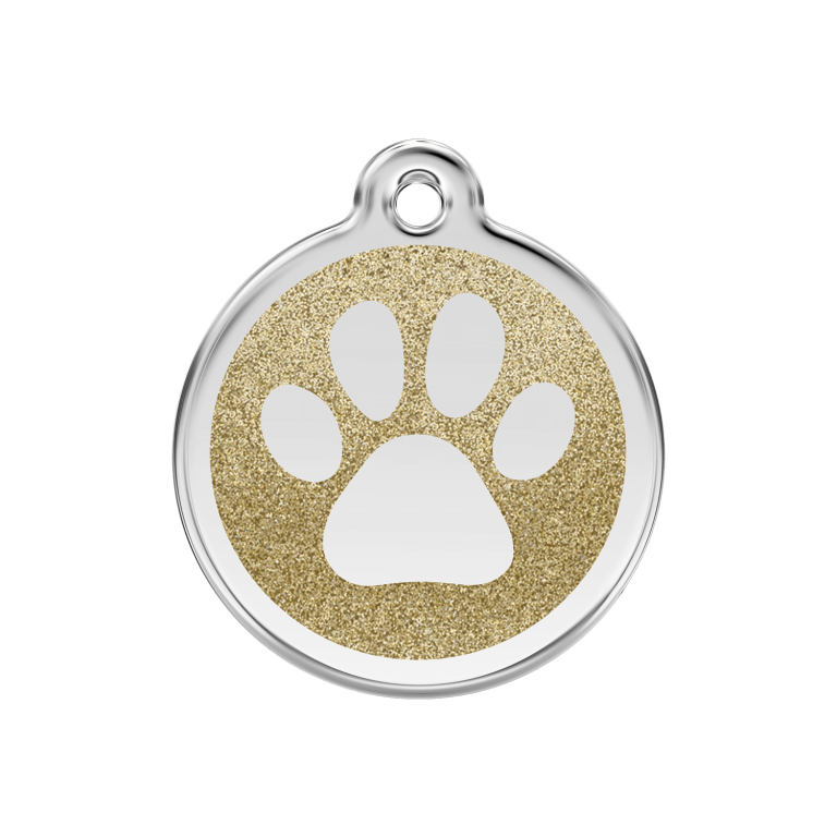 Vue avant - Médaille personnalisée pour chien/chat Red Dingo Émail pailleté Or - Empreinte de patte - Gravure incluse