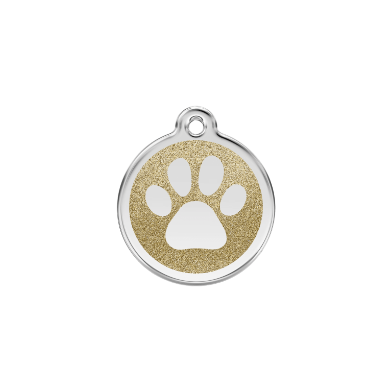 Vue avant - Médaille personnalisée pour chien/chat Red Dingo Émail pailleté Or - Empreinte de patte - Talla S