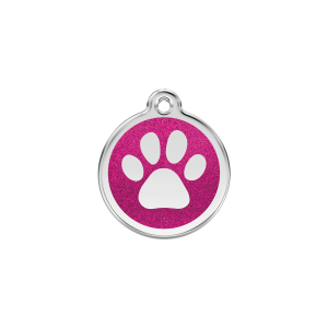 Placa para gato pequeña con huella brillante y esmalte rosa vivo