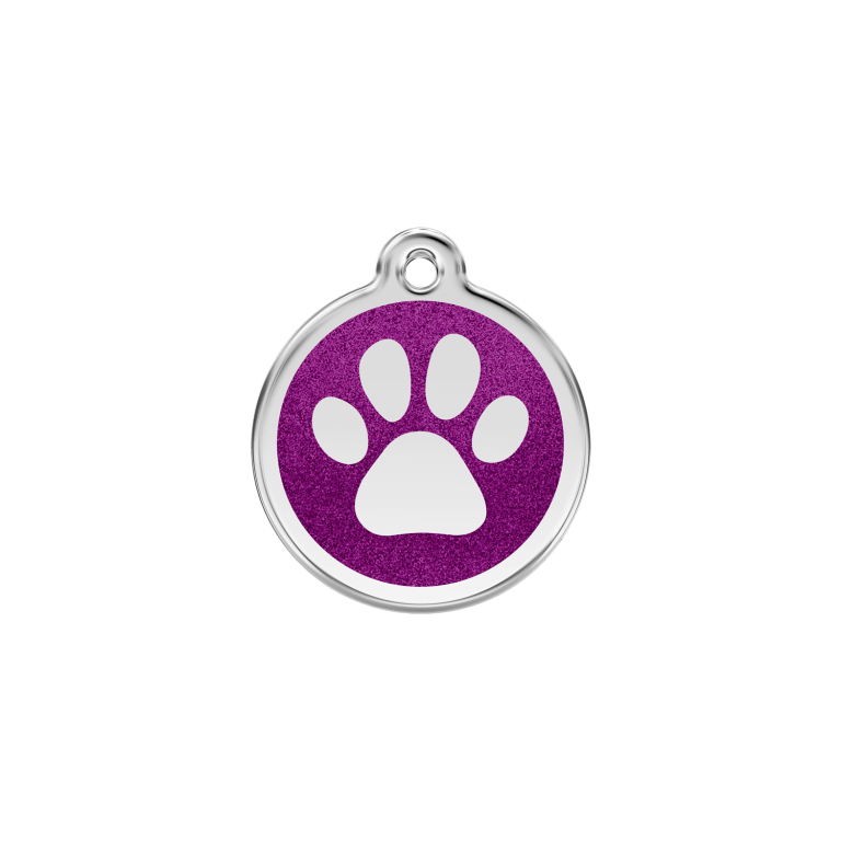 Vue avant - Médaille personnalisée pour chien/chat Red Dingo Émail pailleté violet - Empreinte de patte scintillante - Talla S