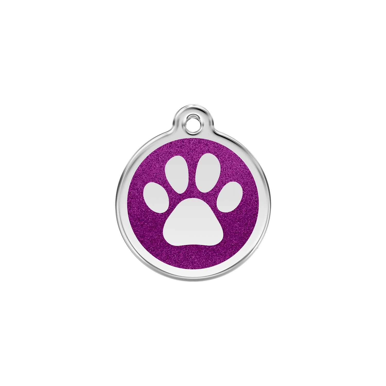 Vue avant - Médaille personnalisée pour chien/chat Red Dingo Émail pailleté violet - Empreinte de patte scintillante - Talla S
