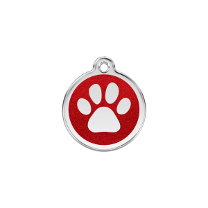 Placa para gato pequeña con esmalte rojo brillante y huella luminosa