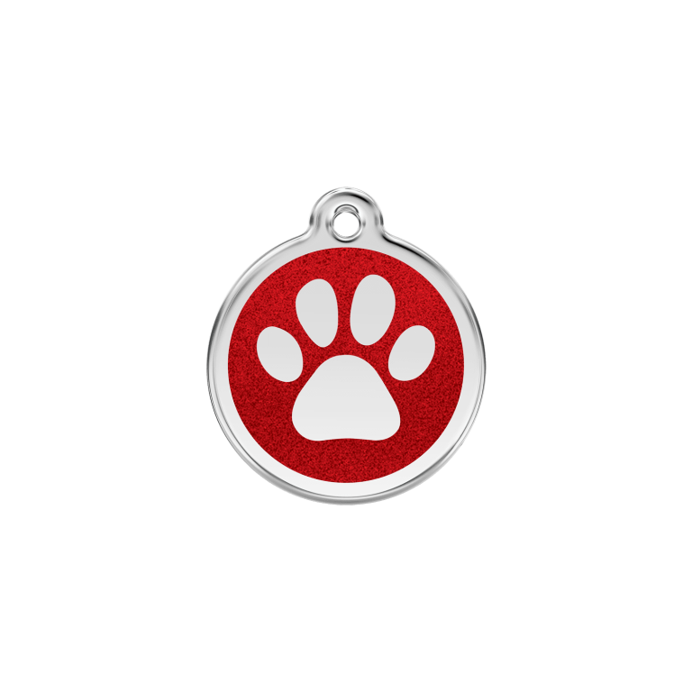 Vue avant - Médaille personnalisée pour chien/chat Red Dingo Émail pailleté rouge - Empreinte de patte scintillante - Talla S