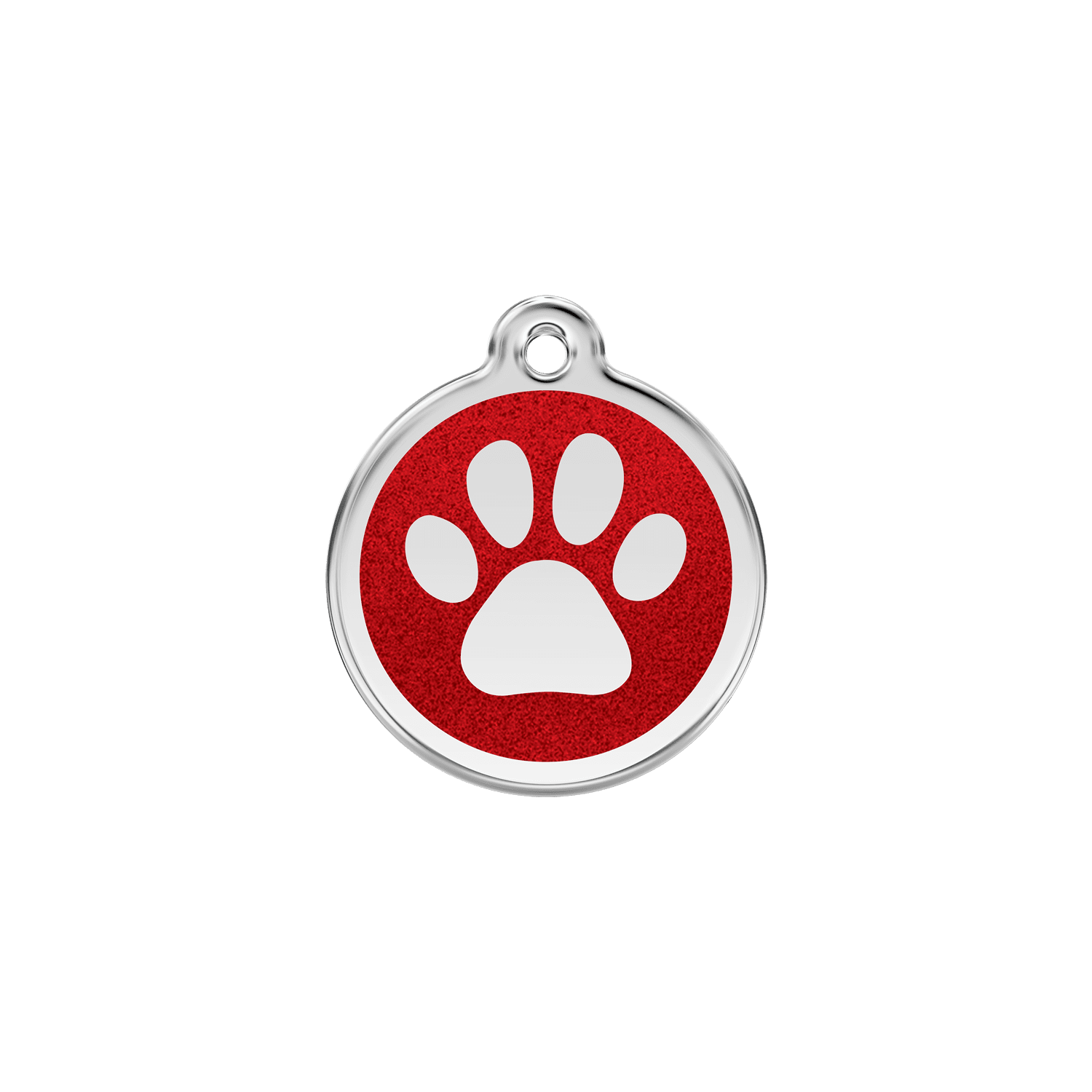Vue avant - Médaille personnalisée pour chien/chat Red Dingo Émail pailleté rouge - Empreinte de patte scintillante - Talla S