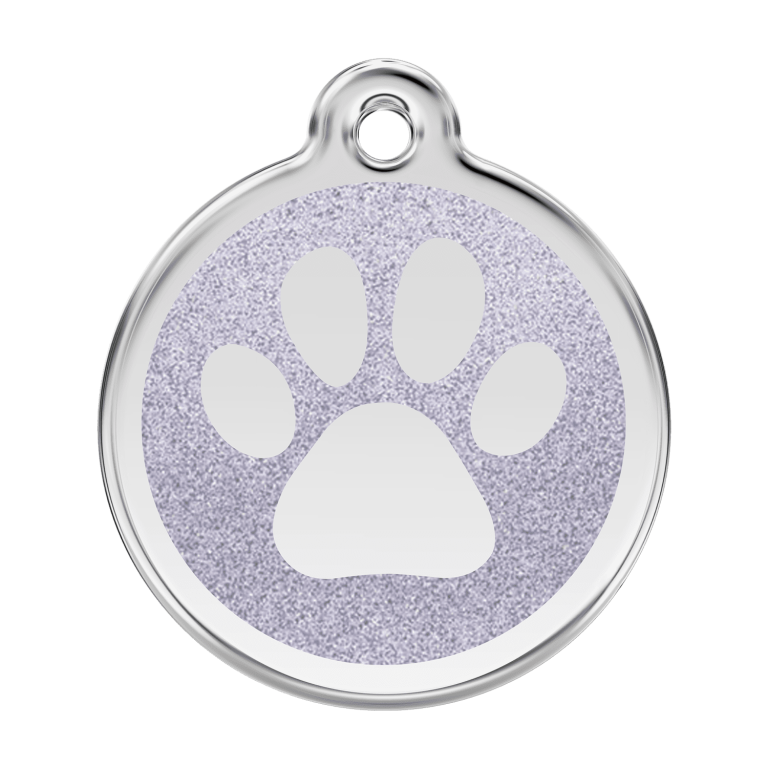 Vue avant - Médaille personnalisable pour chien Red Dingo Émail pailleté et acier inoxydable - Empreinte de patte scintillante - Talla L
