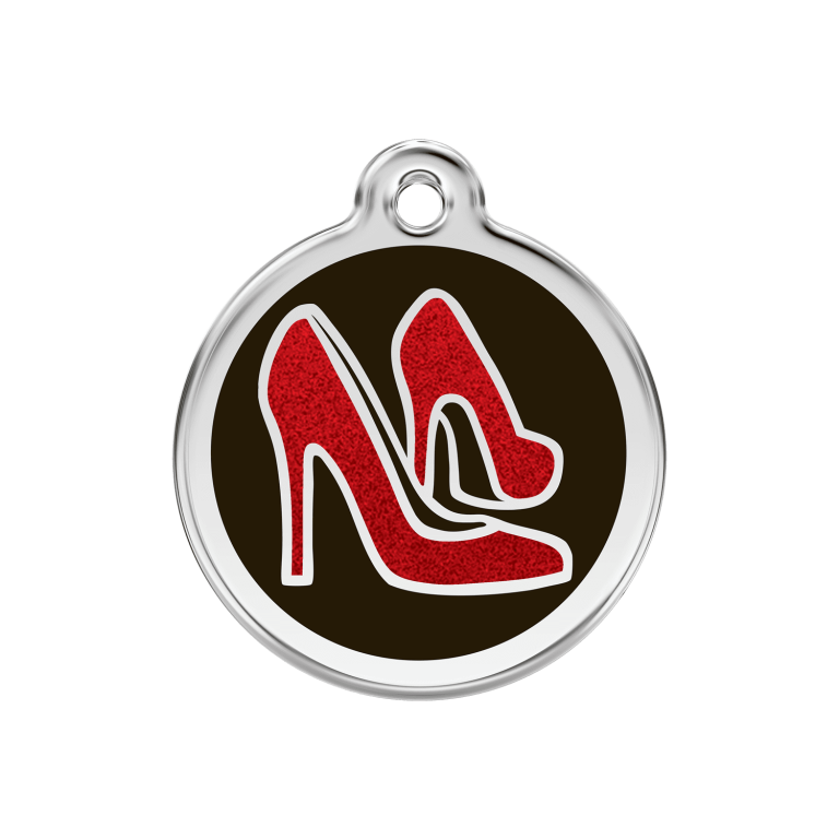 Vue avant - Médaille personnalisée pour chien ou chat Red Dingo Émail pailleté et acier inoxydable - Chaussure rouge - Talla M