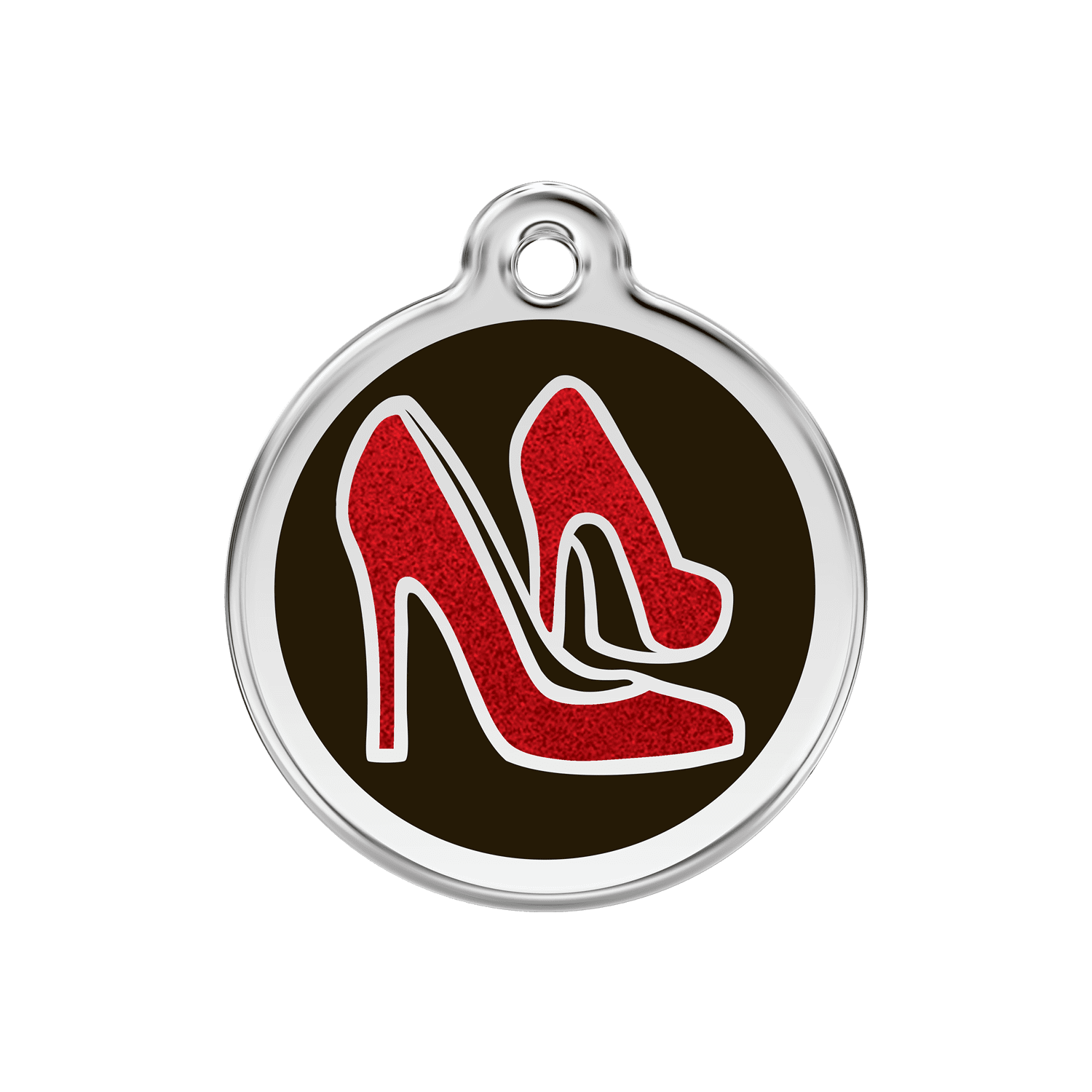 Vue avant - Médaille personnalisée pour chien ou chat Red Dingo Émail pailleté et acier inoxydable - Chaussure rouge - Talla M