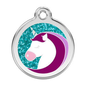 Placa para perro grande con diseño de unicornio brillante en esmalte aqua