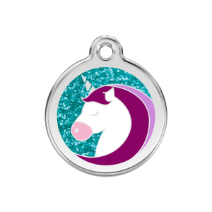 Placa para perro mediana con diseño de unicornio brillante en esmalte aqua