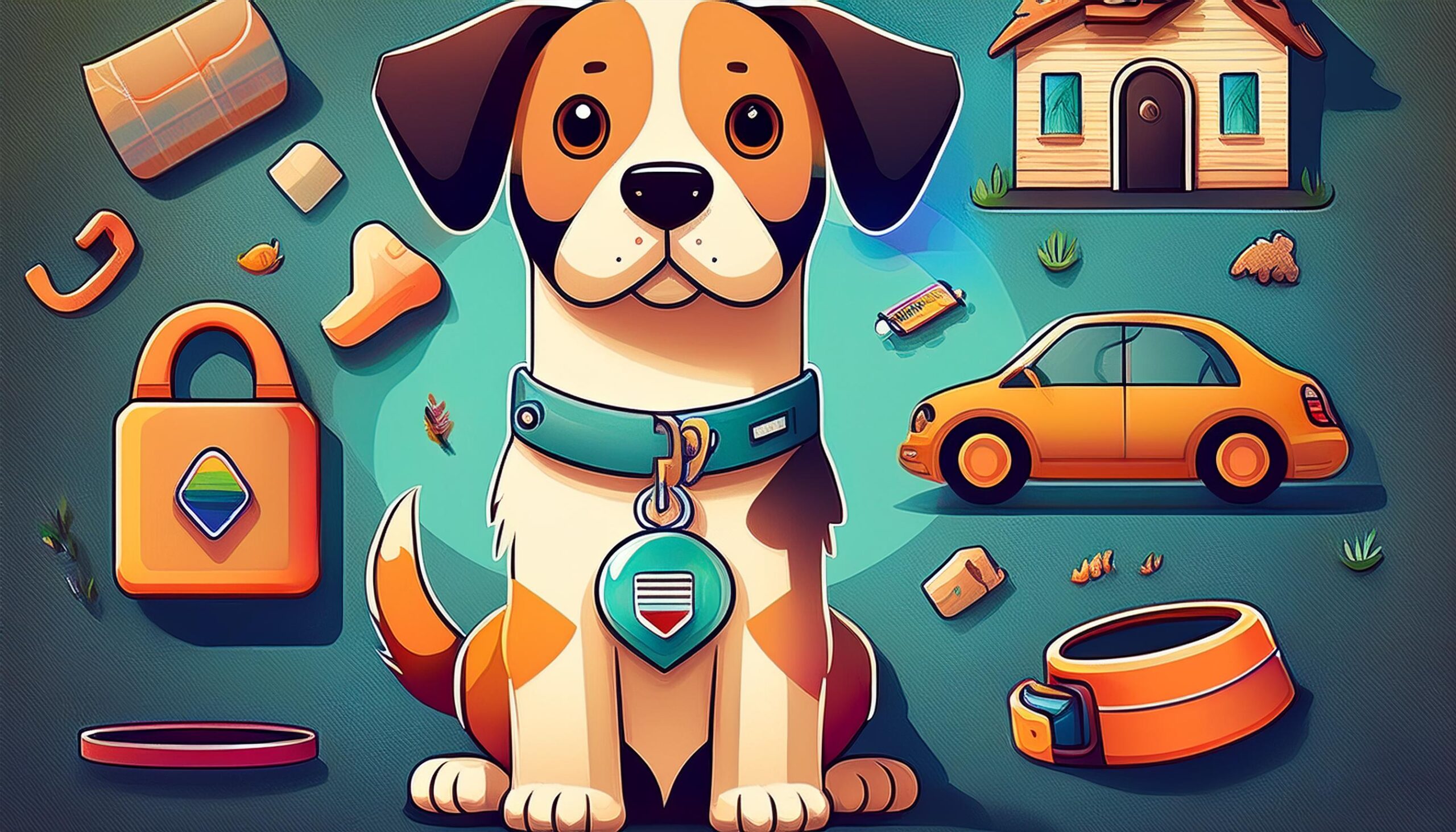 conseils-pour-garder-son-animal-en-securite Dessin d'un chien et d'accessoires relatifs à la sécurité pour animaux